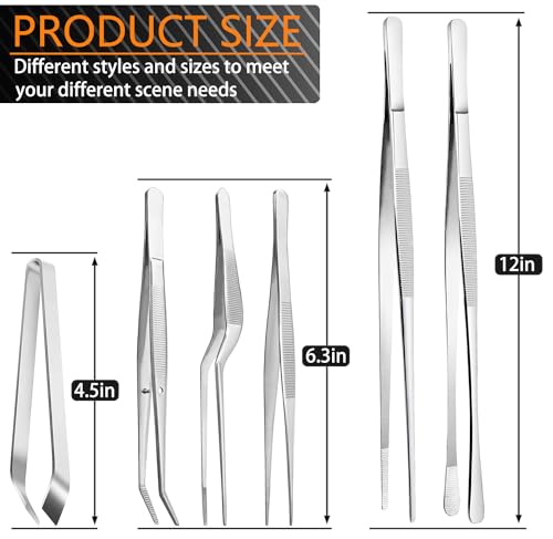 JETKONG 6 Pcs Cooking Tweezer Tongs, 12'' and 6.3" Stainless Steel Kitchen Tweezer Set, Professional Chef Tweezers for Cooking, Repairing, Sea Food, BBQ, Multi-use - color: Silver