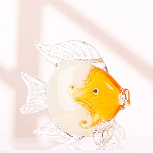 Large Glass Fish Figurines Hand Blown Glass Fish Statue and Sculpture Home Decor, Murano Animal Tropical Sea Glass Paperweights for Desk, Glass Aquarium Coastal Beach Decorative (light Orange)