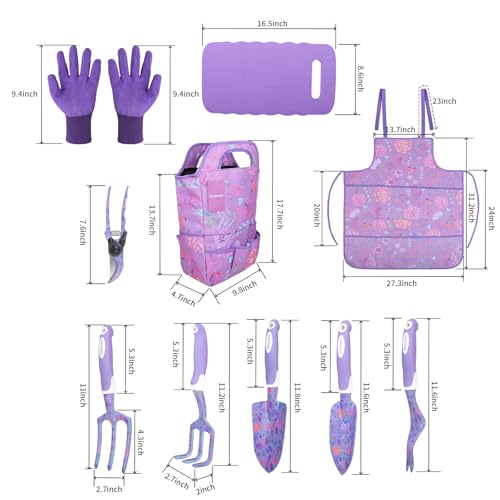 Purple Garden Tool Sets 10-Piece, Aluminum Alloy Steel Hand Tools w/Non-Slip Ergonomic Handle, Floral Print Garden Supplies Organizer Handbag, Cute Gardening Tools Gift for Women Grandmother - style: Purple