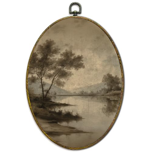 XFCICRLJ Vintage Antique Landscape Wall Art Decor, Rustic Farmhouse Oval Canvas Prints Framed, Neutral Country Lake Landscape Wall Art Decorations for Home Bedroom Living Room Decor, 11x8.5 Inch - color: Scenery