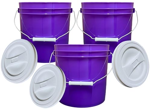 House Naturals 2 Gallon Purple Food Grade BPA Free Made in USA Bucket with Screw On Lid - Pack of 3 (White lids) - color: White Lids