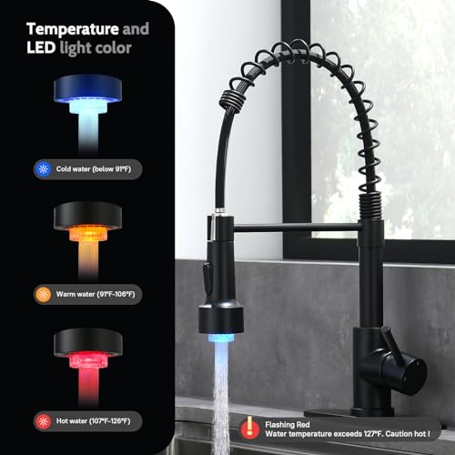 WEWE Kitchen Faucets with LED Light, Kitchen Faucet with Pull Down Sprayer Commercial Stainless Steel Single Handle Spring Farmhouse RV Sink Faucet, Matte Black - color: Matte Black, style: Modern