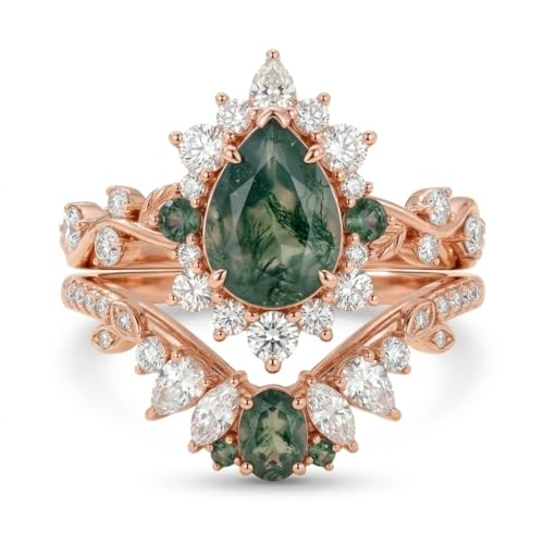 Natural Moss Agate Engagement Ring Set for Women, Unique Genuine Moss Agate Ring, 925 Sterling Silver 10K 14K 18K Solid Gold Nature Inspired Bridal Set, Boho Wedding Jewelry Gift - color: Nine