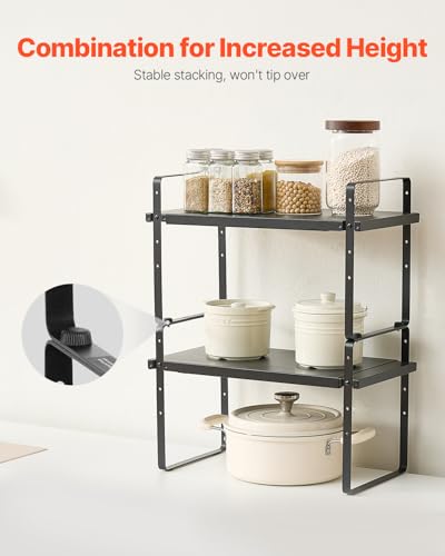 VEVOR Adjustable Kitchen Cabinet Shelf Organizer, Expandable 2 Tier Cabinet Shelf, Stackable Countertop Organizers and Storage Risers, Pantry for Kitchen Bathroom Office, Black - color: Black