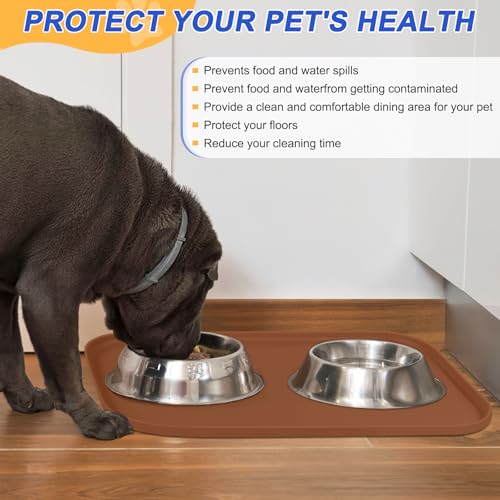 SMILOOL Silicone Pet Food Mat with Raised Edge for Food and Water Bowl, Dog Feeding Mats, Cat Food Trays for Floor Waterproof, Rubber Tray for Dogs and Cats, 24 x 16 x 0.8 Brown - color: Brown, size: 24"L x 16"W