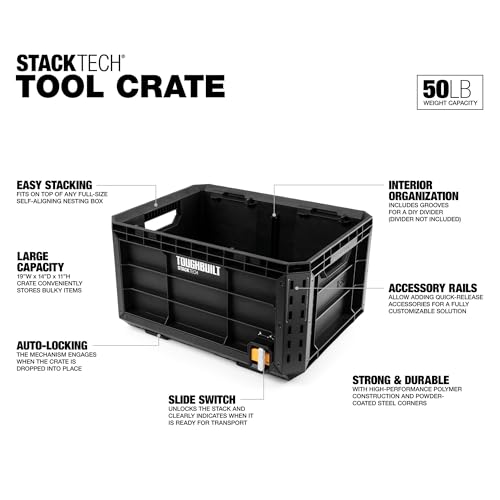 ToughBuilt – StackTech Tool Crate, Large Capacity Modular Storage with Auto-Locking System & Accessory Rails for Jobsite Organization (TB-B1-X-50) - size: Tool Crate