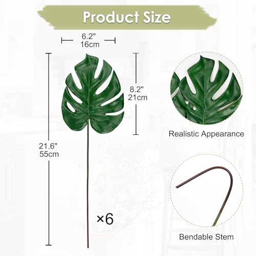 6 Pack Artificial Monstera Leaves with Long Stem for Vase - Fake Tropical Plants Palm Leaves Realistic Philo Turtle Leaves for Home Wedding Party Decor - Small - color: Small Monstera#pe 6pcs