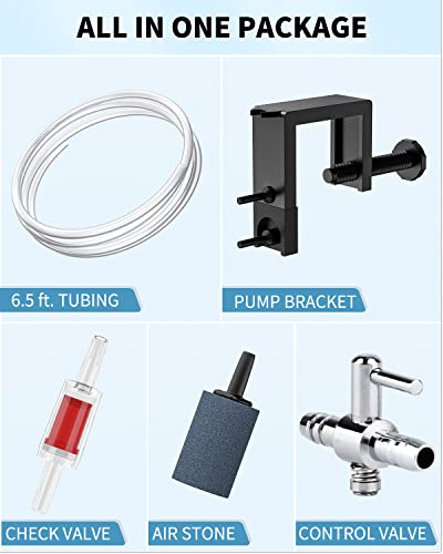 Pawfly Mini Aquarium Air Pump for 3-20 Gallon Nano Fish Tanks 15 GPH Oxygen Aerator Pump with Bracket Airline Tubing Air Stone Control Valve and Check Valve Accessories - size: 15 GPH