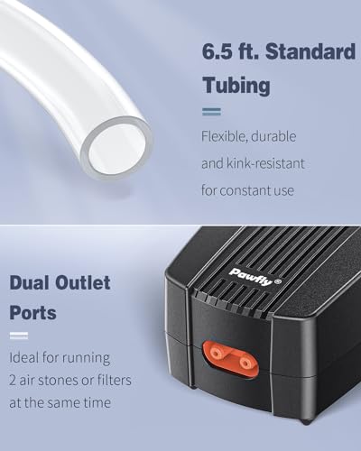Pawfly 50 GPH Aquarium Air Pump for 10-60 Gallon Fish Tanks Dual Outlet Adjustable Ultra Quiet Aerator Pump with Airline Tubing, Air Stones Connectors, Check Valves and Nano Bio Sponge Filter - size: 50 GPH