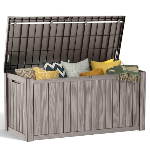 PatioZen 180 Gallon Resin Deck Box, Lockable Patio Outdoor Storage Box for Furniture, Garden Tools and Tools Storage, Waterproof Outside Storage Boxes - Grey - color: Grey, size: 180 Gallon