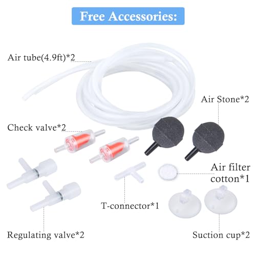 Dual Outlet Aquarium Electric Air Pump, Whisper Adjustable Fish Tank Aerator, Quiet Oxygen Pump with Accessories for 20 to 100 Gallon