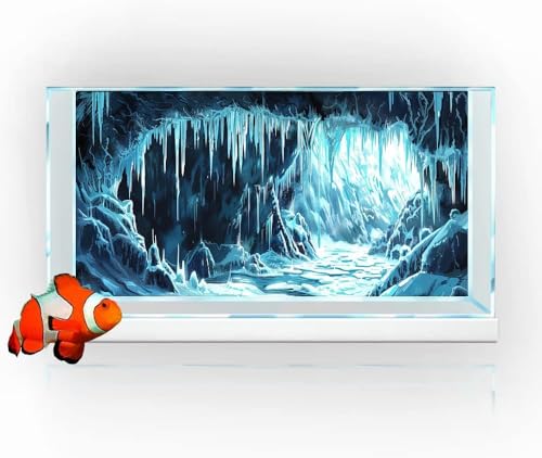30X18IN Ice and Snow Background Aquarium Background, 3D Image of Underwater Fish Tank Decoration, Cave Icicle Greenery Terrarium Background with 10 EVA Double-Sided Tape