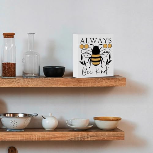 Summer Sign Bee Decorations for Home Cute Honeybee Decor Always Bee Kind Wooden Box Sign Desk Accessories Home Office Bedroom Bathroom Teacher Classroom Decor 5 X 5 Inch - color: Be Kind 2