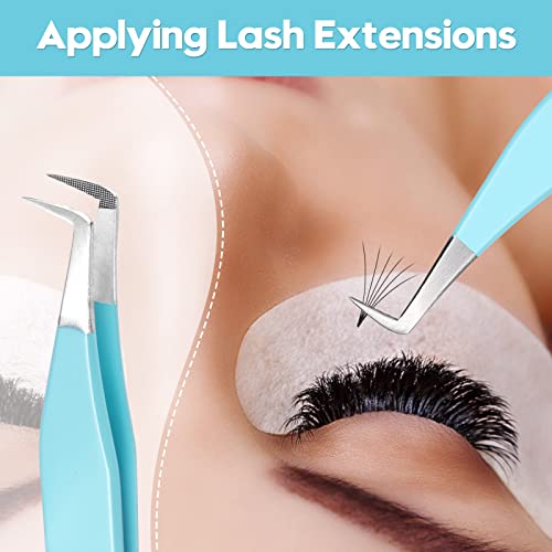 Ms.Queen Volume Tweezers For Eyelash Extensions, Fiber Tip Grip Lash Tweezers L-Shape Boot Mega Volume Mink Lashes Tweezers, Blue - style: 90 Degree Boot Tweezers