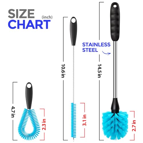 Holikme 4 Pack Bottle Brush Set, 14.5" Long Handle Stainless Steel Bottle Cleaner Brush, Long-Handled 4-in-1 Stainless Steel Bottle Brushes for Water Bottle, Cups, Abrasive Wheel Brushes, Blue - color: Blue