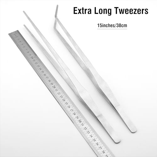2Pcs 15 inch Extra Long Rustproof Tweezers for Salt & Fresh Water, Heavy Duty Reptile Feeding Tongs for Aquarium & Terrarium, Large Metal Snake Feeding Tongs, SUS 304 Stainless Steel Tweezers - size: 15 inch, 0.08 inch, 2-pack