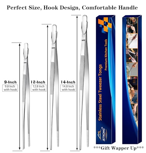 JETKONG Extra Long Kitchen Tweezers Heavy Duty Stainless Steel Cooking Tweezers, Set of 3 (9 12 14 Inch, Silver) - color: Silver, size: 9 12 14 Inch