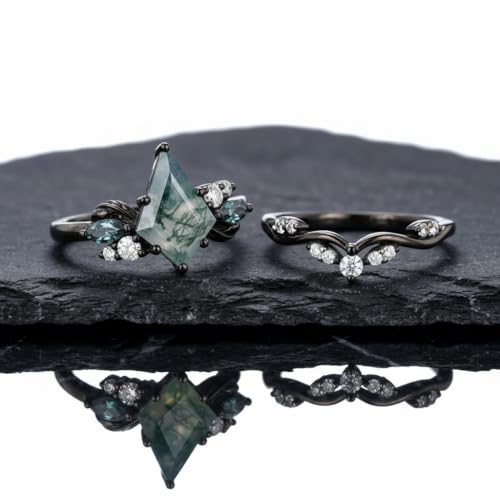 Natural Moss Agate Engagement Ring Set for Women, Unique Genuine Moss Agate Ring, 925 Sterling Silver 10K 14K 18K Solid Gold Nature Inspired Bridal Set, Boho Wedding Jewelry Gift - color: One