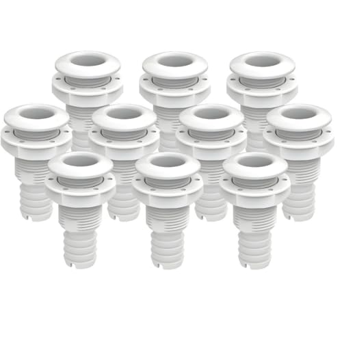 SEAFLO Thru Hulls Fitting Thru-Hull with Check Valve, 5/8”, 3/4”, 1”, 1-1/8”, 1-1/4”, 1-1/2”, or 2” Sizes, White/Black, Polypropylene/Nylon, 4-Year Warranty, (Choose Color, Size, and Pack Size) - color: White, size: 1-1/2", style: 10-pack