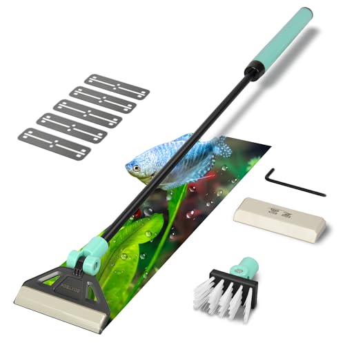 Algae Scraper for Glass Aquariums, 2 in 1 Adjustable Algae Scraper with 5 Stainless Steel Blades and Cleaning Brush, Aquarium Glass Cleaning Tools for 20-40 Gallon Fish Tank