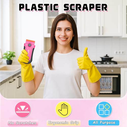 DIYSELF 2 Pcs Plastic Razor Blade Scraper with 10 Pcs Blades, Plastic Scraper Tool for Adhesive Remover, Scrapers for Cleaning Stickers, Decals, Glass, Windows, Car, No Scratches (Pink) - color: Pink-plastic Blades, size: 2 Pack