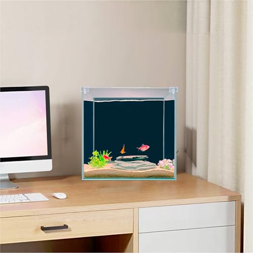 High-Clarity 3.5 Gallon Fish Tank 30 * 15 * 30CM - Low Iron Glass Aquarium with Space-Saving Thin & Narrow Designs | Includes Non-Slip Mat, Corner Guards + Decor | Ideal for Desktop/Bathroom - size: Small