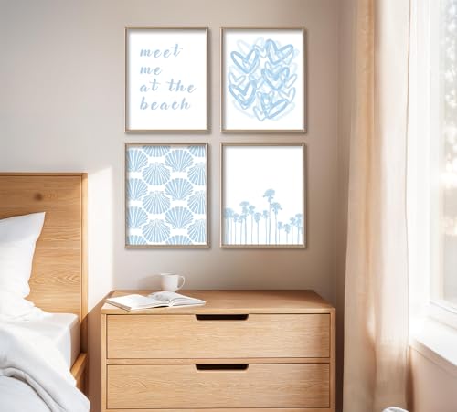 Gschupy Beach Theme Wall Art Set of 6, Light Blue Coastal Canvas Prints with Starfish、Seashell、Palm Tree, Unframed Beach Wall Decor Posters for Apartment Dormitory Coastal Home Decoration 8x10inch - color: Blue Heart Graffiti, size: 8x10in