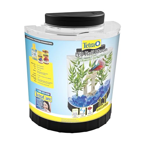 Tetra LED Half Moon Aquarium Kit, 1.1 Gallons, Small, Clear Plastic Fish Tank With Curved Front, Easy Feeding And Movable, Energy-Efficient LEDs Ideal For Bettas Great As Desk Aquarium