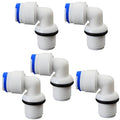 1/4"M Elbow to 1/4" Push-Fit for RO Water Filter, 5 Pcs | Male elbow quick-connect connects 1/4" thread to 1/4" hose for RO filters, beverage dispensers & water systems. Plastic joint - style: 1/4"MPT to 1/4" QC Elbow Adapter