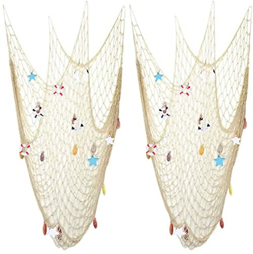 Nature Fish Net Wall Decoration with Shells, Ocean Themed Wall Hangings Fishing Net Party Decor for Pirate Party,Wedding,Photographing Decoration (2pack-Beige/Beige) - color: 2pack-beige/Beige