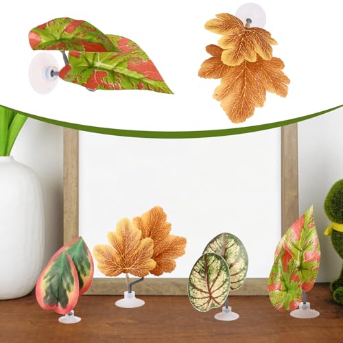 4pcs Betta Leaf Hammocks Bed, Adjustable Plastic Plant Pad Betta Fish Tank Decor with Suction Cup & Bracket for Four-Eyed Silk Fish Guppy to Rest (Green, Brown)