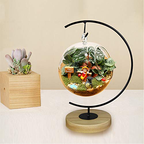 YY YEARCHY Ornament Display Metal Terrarium Air Plant Stand Flower Pot Holder Iron Pothook Stand for Hanging Glass Globe Ball (G round wood) - color: Black, size: 11"x4.5"x4.5"