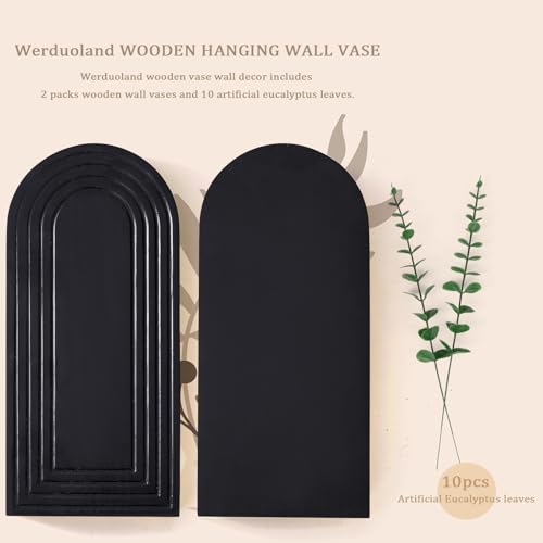 2 Pcs Wooden Wall Vase Set for Decor with 10pcs Artificial Eucalyptus Plants-Boho Hanging Planter Modern Farmhouse Wall Decor Black Wall Art for Bathroom Living Room Dining Room Bedroom Kitchen - color: Modern