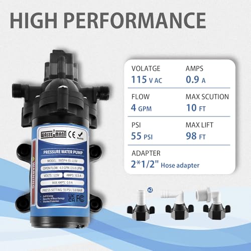 WASSERMANN Water Pressure Pump 115 Volt AC 4.0GPM 55PSI,Water Pump Self Priming Diaphragm Pump with Pressure Switch for Kitchen Bathroom Marine Yacht Garden - size: Small