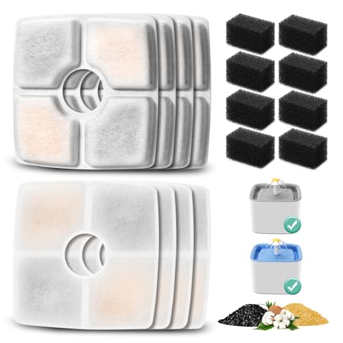 8 Pack Replacement Filters & Pre-filter Sponges for 84oz/2.5L Automatic Pet Fountain, BFLICROY Cat Water Fountain Filter, Triple Filtration Pet Fountain Replacement Filters