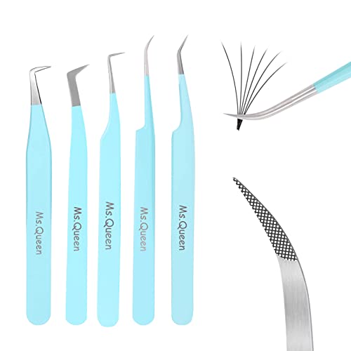 Ms.Queen Lash Tweezers for Eyelash Extensions,Professional 5Pcs Fiber Tip Curved Isolation 45 90 Degree Boot Volume Lash Tweezers for Extensions, Blue - style: 5Pcs Tweezers Set