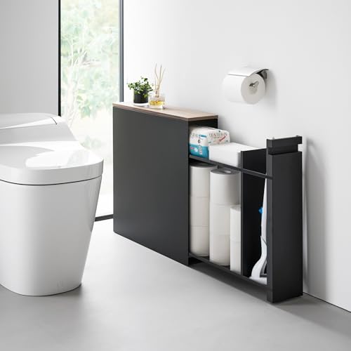YAMAZAKI Home Pull-Out Bathroom Storage Cabinet – Slim Bathroom Storage Cabinet with Wood Top, Steel Organizer for Toilet Paper and Cleaning Supplies, Modern Space-Saving Design, Black - Steel + Wood - color: Black
