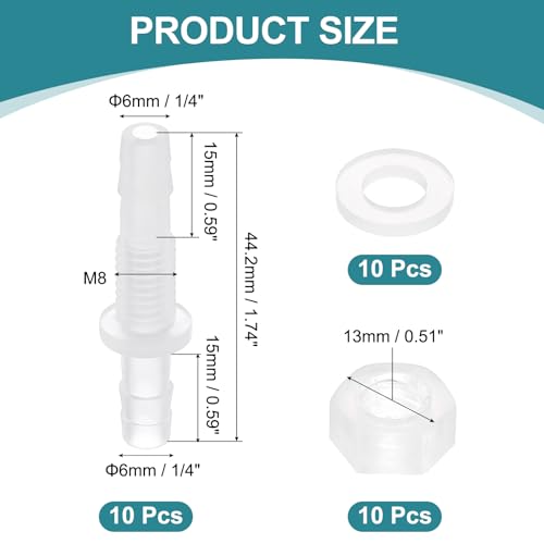 uxcell 10Pcs Plastic Hose Barb Fitting, 1/4" x 1/4" Bulkhead Adapter Union Splicer Mender Pipe Connector with M8 Nut and Washer for Aquarium Air Water Fuel - size: 1/4" x 1/4", M8 Nut
