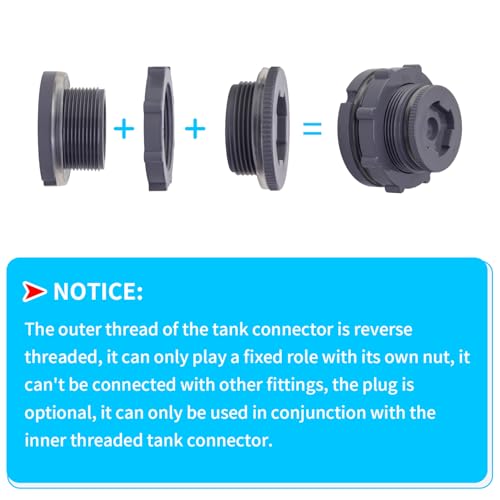 ChillWaves PVC Bulkhead Fitting 1-1/2" Double Thread Connector Adapter with Plugs for Water Tank, Aquariums, Rain barrels(2-PACK) - size: 1-1/2 INCH, style: Bulkhead Fitting + Plug