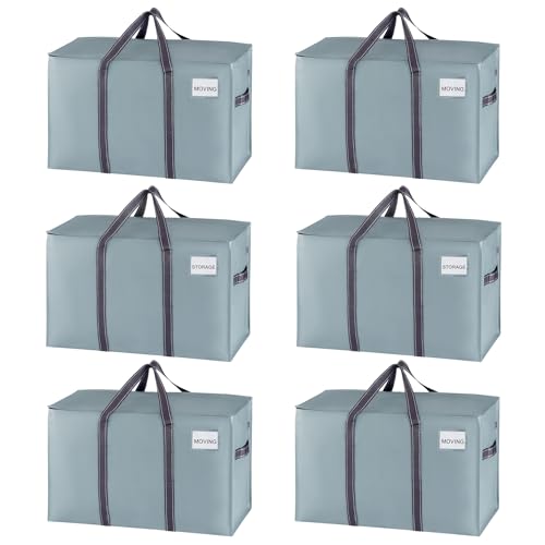 VENO 6 Pack Heavy Duty Moving Bags, Extra Large Storage Bags with Reinforced Handles & Strong Zippers, Foldable & Reusable Moving Box Alternative for Clothes & Dorm Storage - color: Light Blue Matte, size: 6 Pack