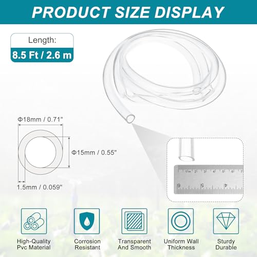 uxcell Clear PVC Tubing, 15mm ID x 18mm OD - 8.5ft PVC Tube Lightweight Vinyl Hose, Transparent Flexible Plastic Water Tubing for Air Oil Water Transfer Aquarium Irrigation - size: 15mm ID x 18mm OD