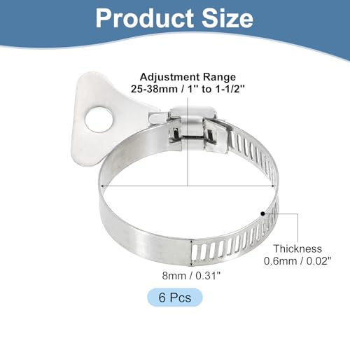 uxcell 6Pcs Stainless Steel Hose Clamps Worm Gear Hose Clamp, 25-38mm (1"to 1-1/2") Adjustable Thumb Screw Key Type Clamps Fuel Line Clamps 8mm Bandwidth for Plumbing, Automotive