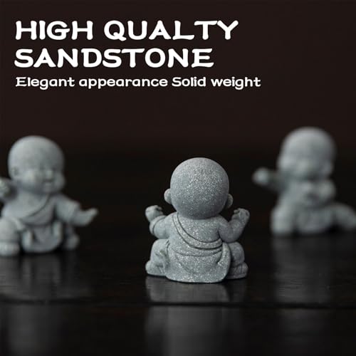 4 PCS Cute Kung Fu Zen Monk Praying Statue, Mini Sandstone Buddha Statues, Stone Monk Figurine Zen Decor for Desktop Decor, Home Feng Shui, Zen Garden, Fish Tank, 4Pcs Grey