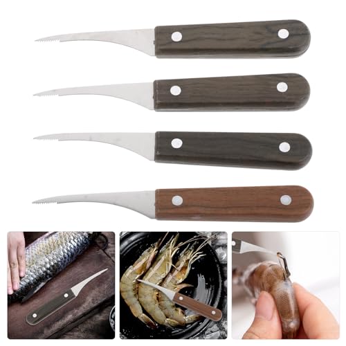 Garneck 4pcs Shrimp Peeler and Stainless Steel Fish Scaler Set with Serrated Edge, Ergonomic Seafood Deveiner Tool for Household Kitchen Cleaning and Fish Scale Removal Random Color