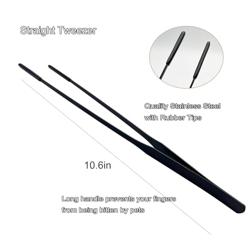 Stainless Steel Straight and Curved Tweezers Aquarium Tweezers with Rubber Tips Long Handle Reptile Feeding Tongs for Fish Tank Aquatic Plants, 2pcs, 10.6 Inch, Black