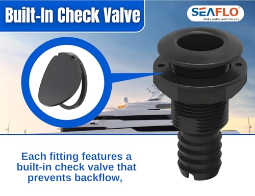SEAFLO Thru Hulls Fitting Thru-Hull with Check Valve, 5/8”, 3/4”, 1”, 1-1/8”, 1-1/4”, 1-1/2”, or 2” Sizes, White/Black, Polypropylene/Nylon, 4-Year Warranty, (Choose Color, Size, and Pack Size) - color: Black, size: 1-1/4", style: 2-pack