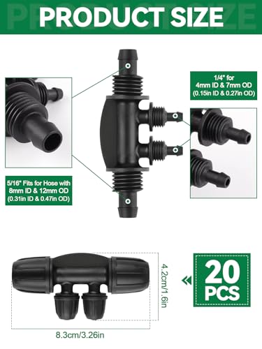 Kalolary 20PCS Locked Barbed Tee Connectors, 5/16" to 1/4" Drip Irrigation Fittings Kit 8/12mm to 4/7mm Tube Lock Female Connector 4-Way Barbed Lock Irrigation Parts for Watering System (Black) - color: Black 5/16" to 1/4" 4-Way