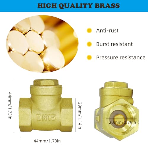 1/2"NPT Female Horizontal Brass Check Valve to Prevent Water Backflow, For Sewage Pumps & Air Compressors DN15 - size: 0.5inch（DN15）
