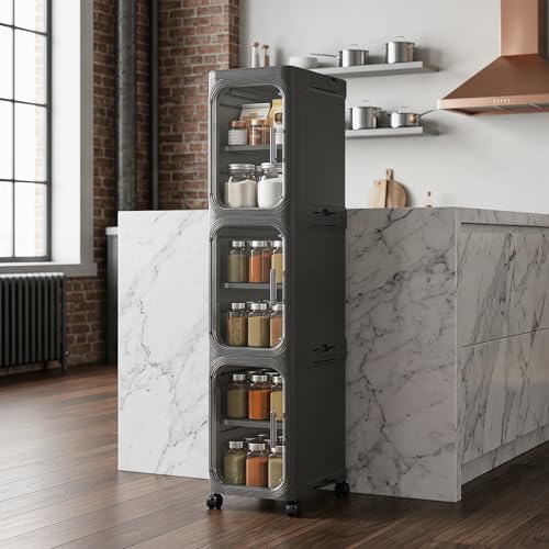 KHNR 3-Tiers Slim Bathroom Storage Cabinet, Foldable Storage Cabinets,Narrow Bathroom Storage,Movable Bathroom Storage Organizer for Small Spaces,Bathroom,Kitchen,Laundry,Black - color: Black, size: 3-Tiers