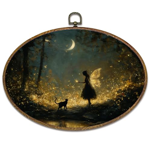 kdqua Enchanted Forest Fairy Oval Wall Art Decor, Dark Academia Cottagecore Canvas Artwork Framed, Moody Magical Fairy with Cat Wall Hanging Decorations for Home Bedroom Living Room, 11.4x8.6 Inch - color: Fairy2-oval, size: 11.4"L x 8.6"W